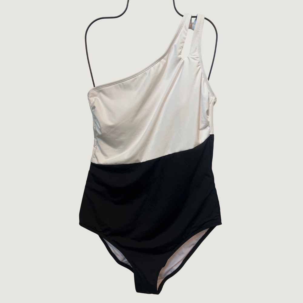 Holipick One Shoulder Colorblock Swimsuit Black White Cutout One Piece